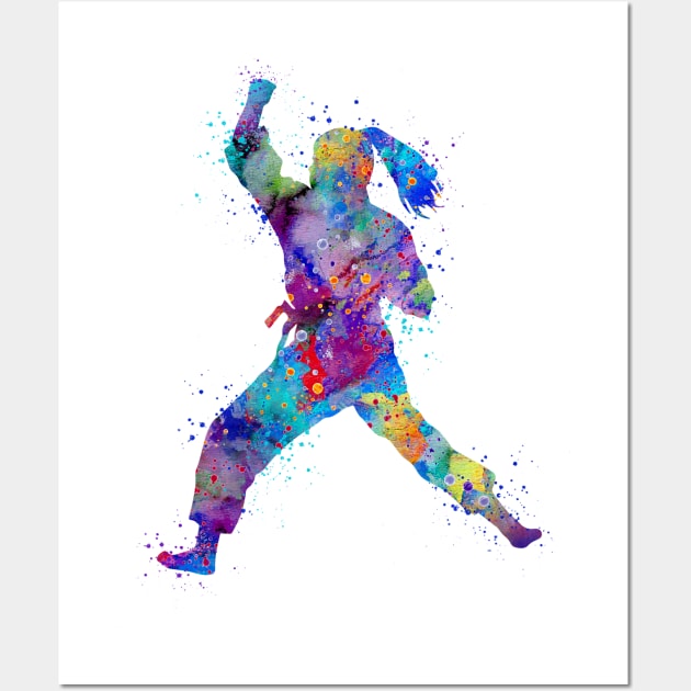 Girl Karate Colorful Watercolor Sports Gift Wall Art by LotusGifts